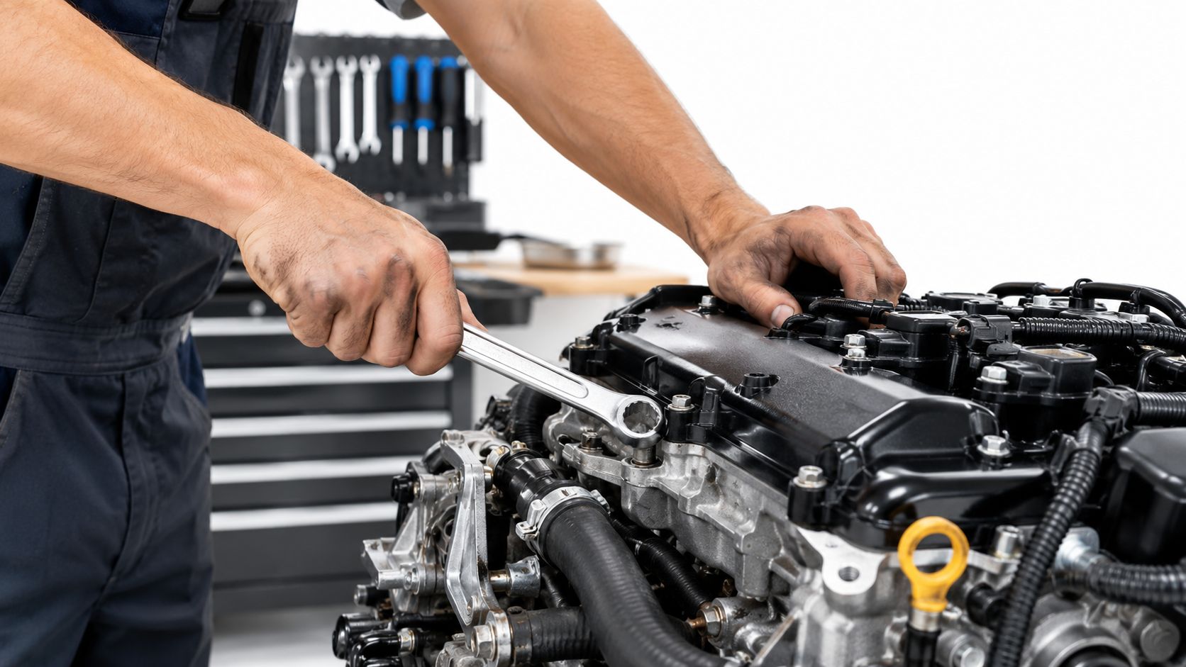 Un mecánico profesional realizando mantenimiento en un motor de automóvil con una llave de tuercas metálica.