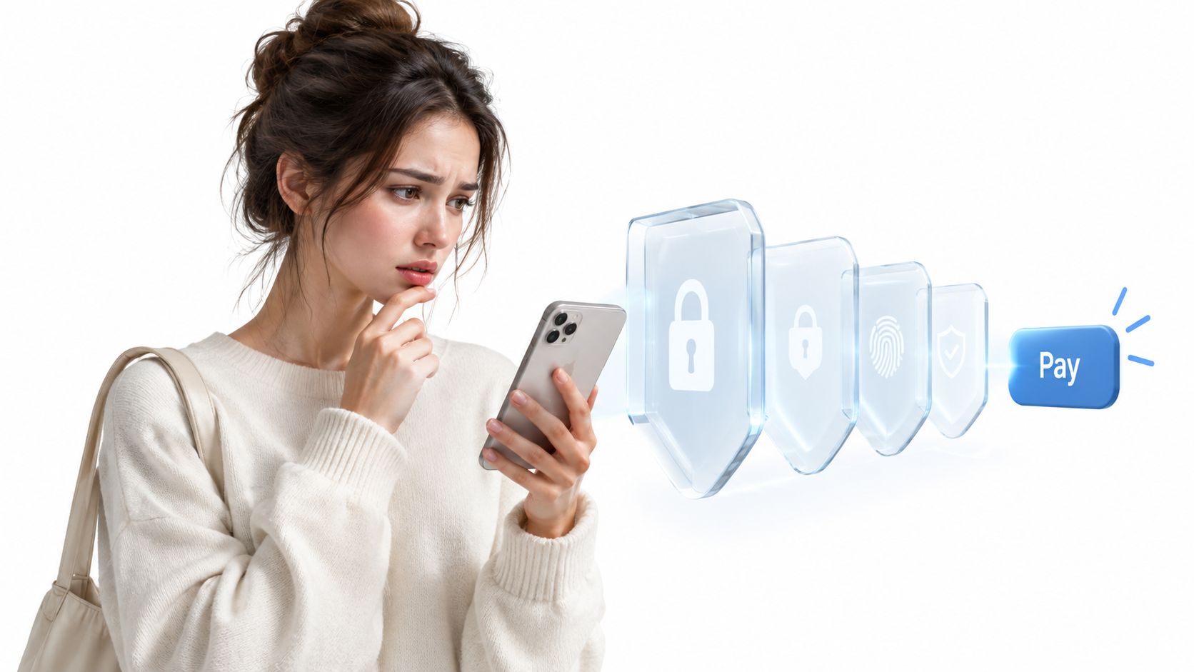 Una mujer joven reflexiva mirando su teléfono inteligente junto a iconos digitales de seguridad y pagos móviles.