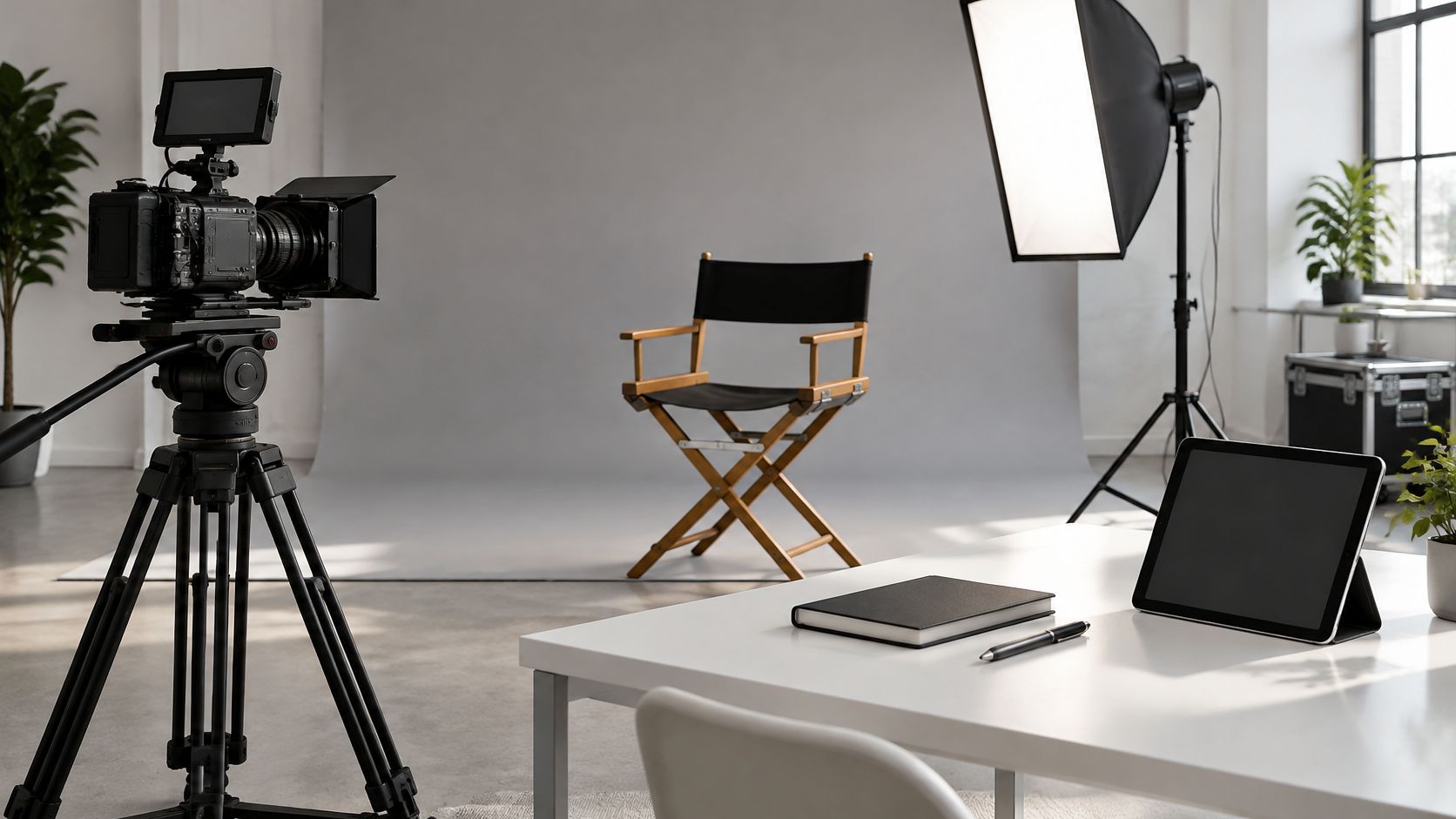 Configuración de un estudio de grabación profesional con cámara, silla de director, iluminación y equipo de escritorio.