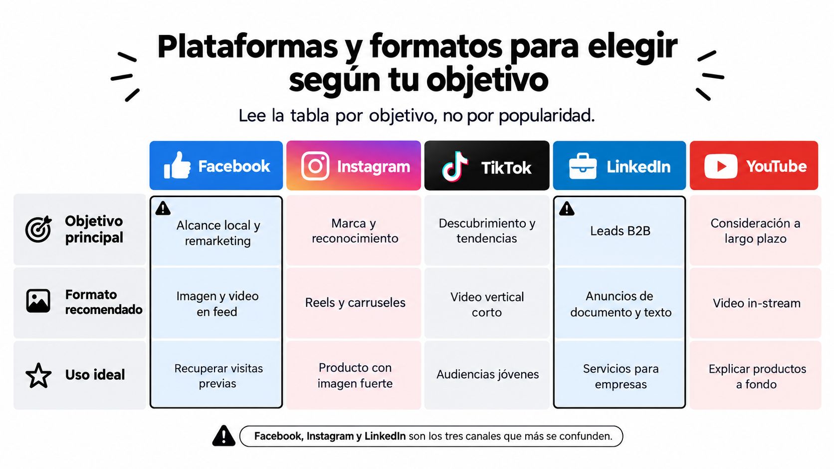 Tabla comparativa de plataformas digitales, formatos y objetivos para estrategias de publicidad en redes sociales.