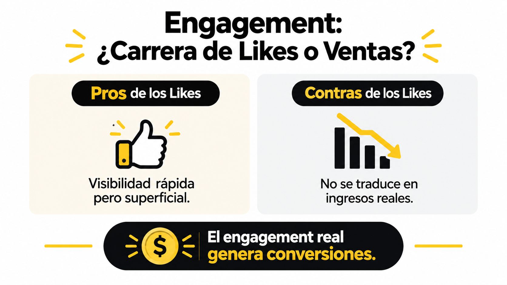 Infografía comparativa sobre el valor de los likes frente a las ventas reales en redes sociales.