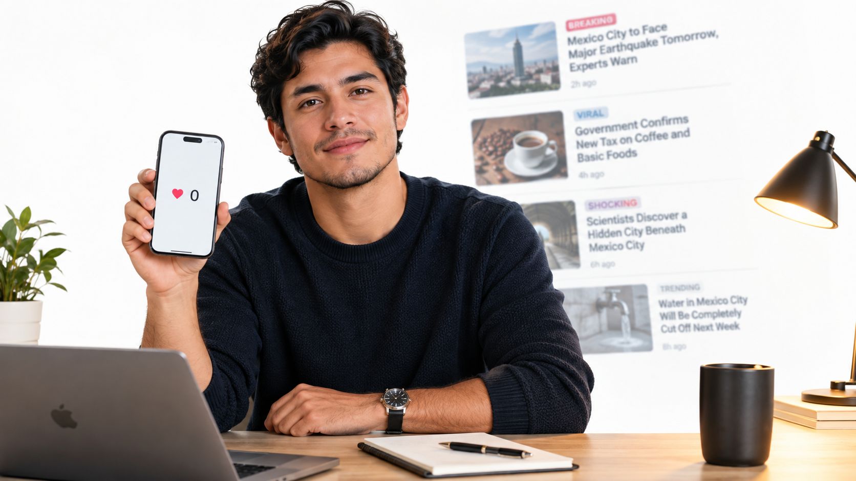 Un hombre joven sonriente sentado en su escritorio mostrando una pantalla de teléfono móvil con cero me gusta.