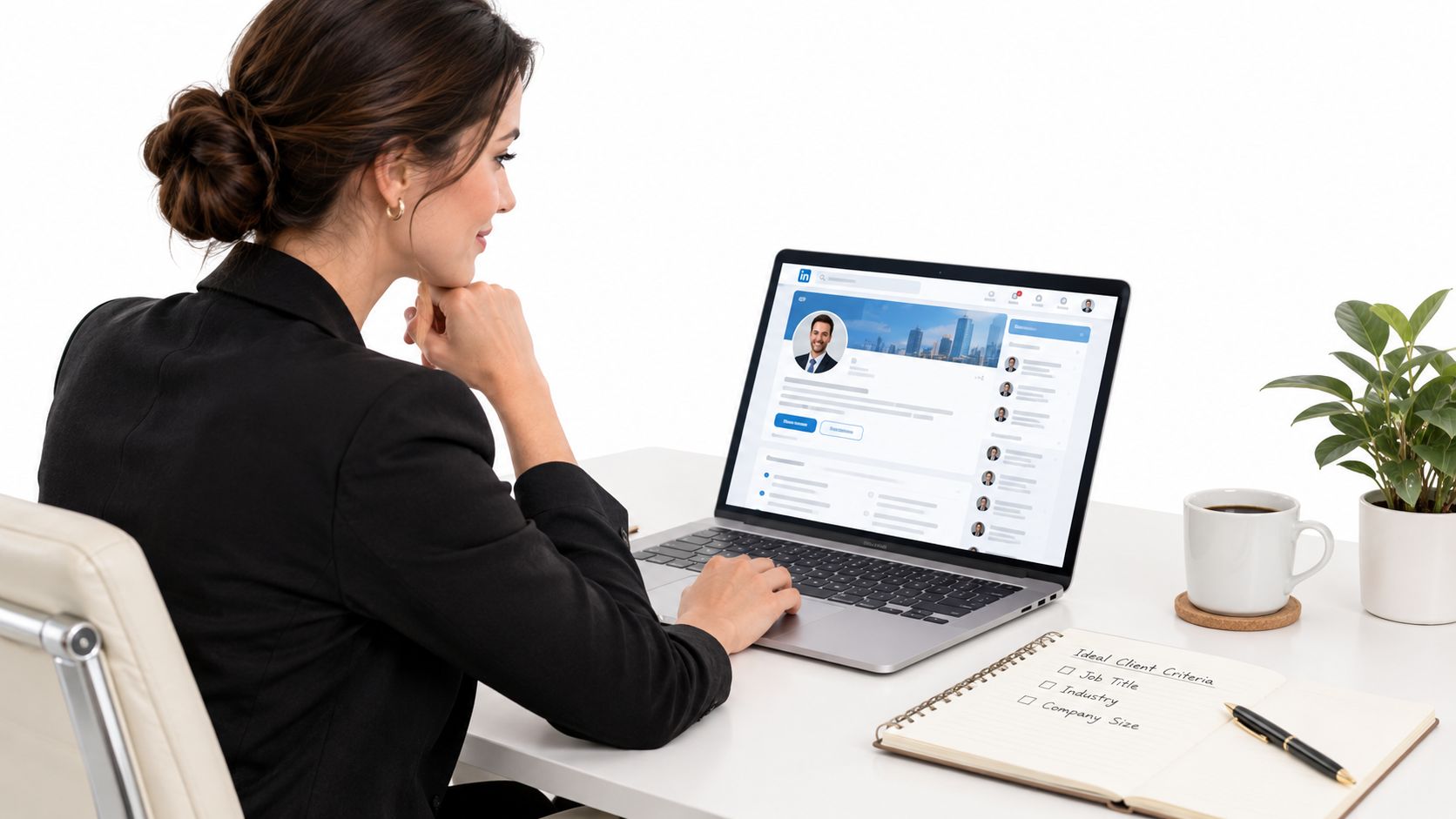 Una mujer de negocios revisa un perfil profesional en LinkedIn desde su ordenador portátil en una oficina.