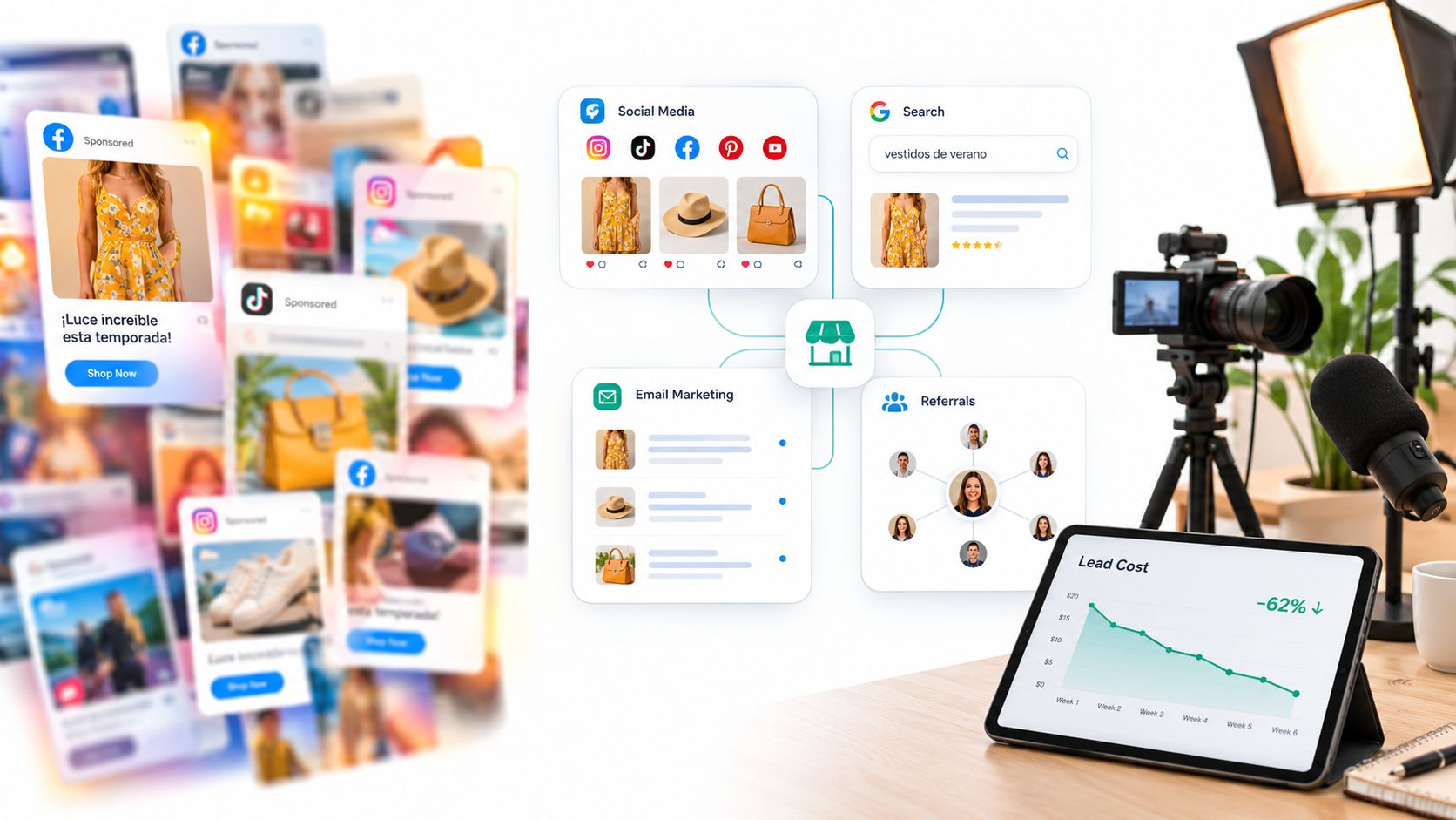 Representación visual de diversas fuentes de tráfico web conectadas a una tienda online de comercio electrónico.