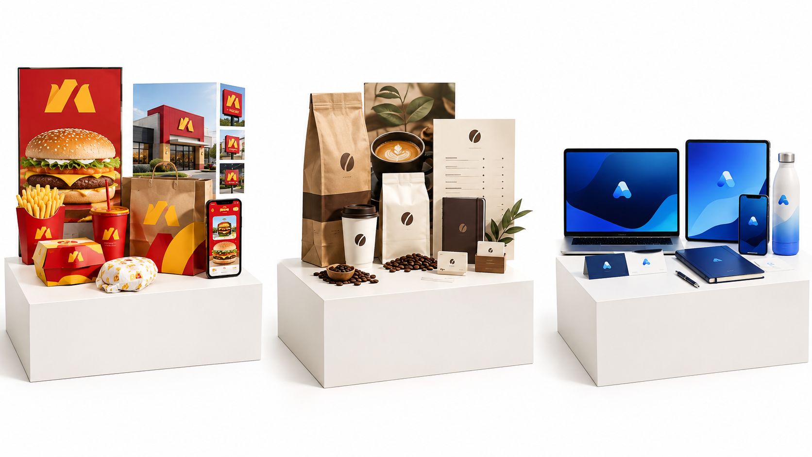 Conjunto de diversos elementos de marca que incluyen empaques de comida rápida, productos de café y dispositivos tecnológicos.