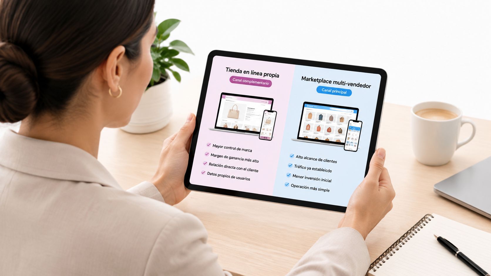 Una persona sostiene una tablet mostrando una comparativa entre tienda propia y marketplace multi-vendedor.